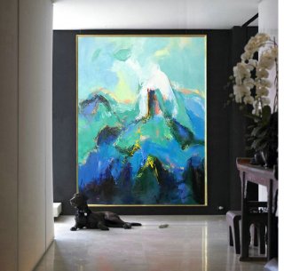Extra Large Contemporary Painting, Abstract Canvas Art, Original Artwork by Leo. Hand paint. Green, blue, yellow, pink.,abstract watercolor flowers