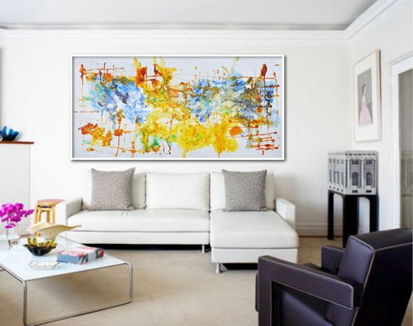 Large Contemporary Art, Oil Painting On Canvas, Original Art. One-of-a-kind, IN STOCK, 36"x72". Yellow, brown, blue, green,nicky haslam interiors