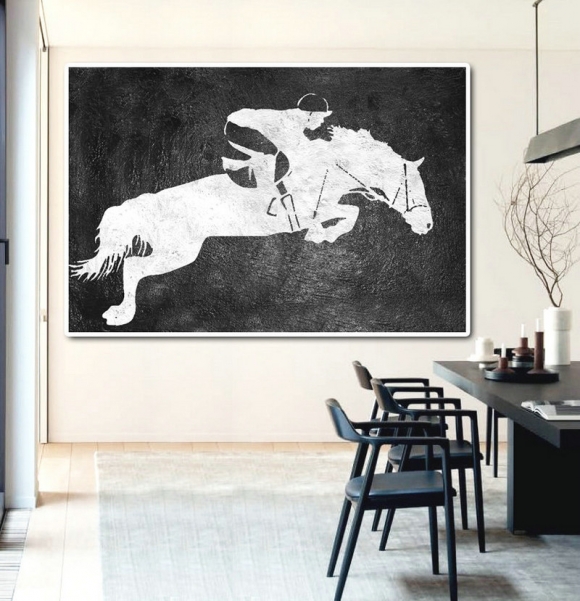 Hand Painted Extra Large Abstract Painting, Horizontal Acrylic Painting Large Wall Art. Black And White Horse oil Painting. Polo Art.,gerhard richter abstract