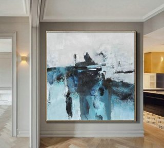 Original Deep Blue Abstract White Abstract Canvas Oil Painting,Dining Room Wall Art Painting,Oversize Painting,Large Wall Abstract Painting,john beckley art