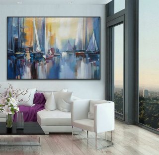 Large Modern Abstract Seascape Sailing Boat Ocean Sea Panoramic Canvas Wall Art Brush Strokes Oil Painting 48x72",modern art 2019