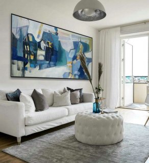 White Blue Modern Contemporary Artwork Large Horizontal Panoramic Abstract Wall Art Brush Strokes Acrylic Painting on Canvas 36 x 72",museum of modern art shop