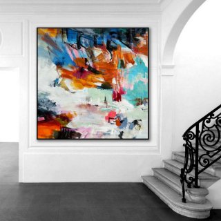 Bright Color Brush Strokes Contemporary Artwork Large Square Colorful Modern Abstract Wall Art Hand painted Acrylic Painting on Canvas,best home interior