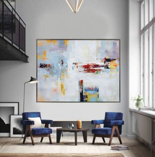 Extra Large Contemporary Painting, Huge Abstract Canvas Art, Original Artwork by Leo. White, yellow, red, gray, blue.,all modern art