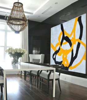 Handmade Painting Large Abstract Art, Hand Painted Aclylic Painting On Canvas Minimalist Art, Black White Yellow.,picasso modern art
