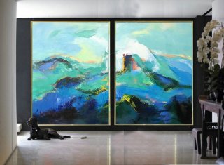 Set Of 2 Large Contemporary Painting, Abstract Canvas Art, Original Artwork, Hand paint. Blue, green, black, pink - By Leo,kandinsky moma
