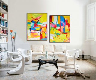 Set Of 2 Large Contemporary Painting, Original Artwork, Hand paint. Red, yellow, green, blue, purple - By Leo,big wall paintings