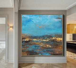 Large Brown Abstract Oil Painting,Deep Blue Sky And Beach Abstract Art Painting,Abstract Art Oil Painting,Large Wall Blue Oil Painting,face abstract art