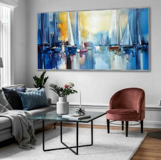 Regatta Seascape Sailing Boat Sailboat Yachting Hand Painted Modern Impressionist oil painting on Canvas Living Room Office Hotel Wall Art,house inner design