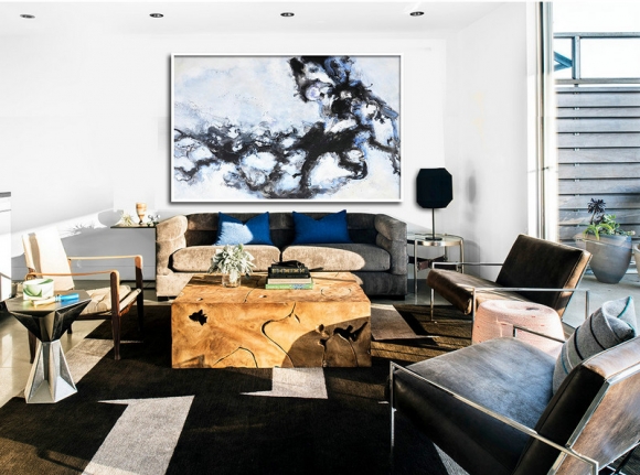 Large Contemporary Art Original Oil Painting On Canvas. One-of-a-kind, IN STOCK, 48"X64"/122x163cm. blue, white, black.,affordable abstract art