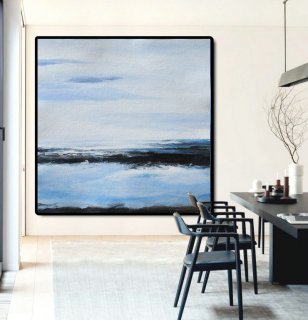 Large Abstract Painting Canvas Art, Landscape Painting On Canvas, Acrylic Painting Wall Art. Hand Made. Black White Blue.,square abstract