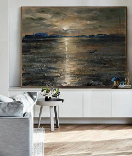 Large Abstract Canvas Wall Art Office Decor, Ocean Landscape Painting, Sunset landscape painting. Black Painting, Large Abstract Painting,gold abstract canvas art
