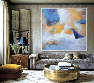 Large Modern Art Contemporary Painting, Handmade Original Art, Acrylic Painting, blue, yellow, gray, orange, purple.,original modern art for sale