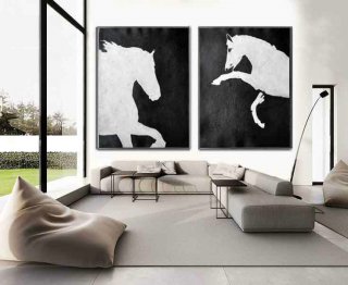Set Of 2 Huge Contemporary Art Acrylic Painting On Canvas, Minimalist Canvas Wall Art Home Decor, Horse,,extra large panoramic canvas paintings