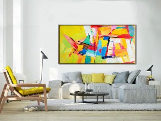 Palette Knife Painting, Original Horizontal Wall Art, Abstract Art Canvas Painting, Large Art. Yellow, blue, red, green.,woman painting abstract