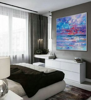 Thick Texture Contemporary Landscape Seascape Hand Painted Modern Palette knife Textured Abstract panoramic Oil painting on canvas wall Art,mountain abstract painting