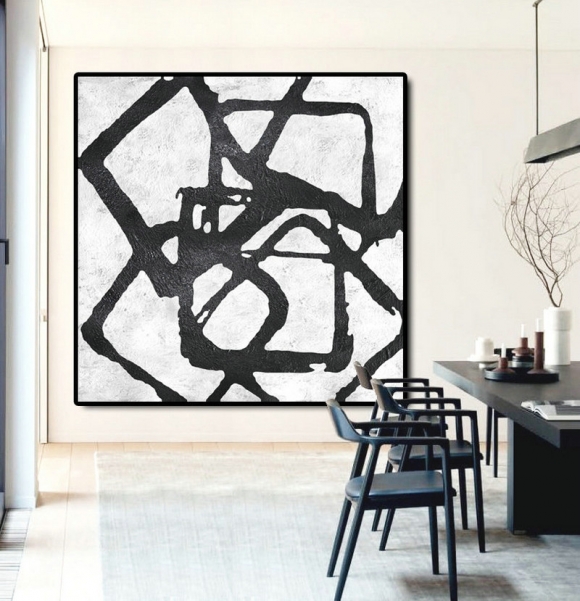 Abstract Painting Extra Large Canvas Art, Handmade Black White Geometric Art, Acrylic MinimaIlist Painting.,modern french painters