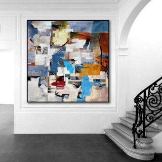 Bright Color Brush Strokes Contemporary Artwork Large Square Colorful Modern Abstract Wall Art Hand painted Acrylic Painting on Canvas,large framed canvas paintings