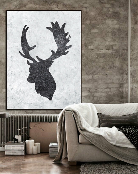 Large Abstract Painting, Hand Made Painting Minimalist Art, Abstract Art On Canvas, Modern Art. Black And White Reindeer.,national gallery modern art