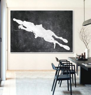 Hand Painted Extra Large Abstract Painting, Horizontal Acrylic Painting Large Wall Art. Black And White Horse Painting. Polo Art.,oversize canvas art