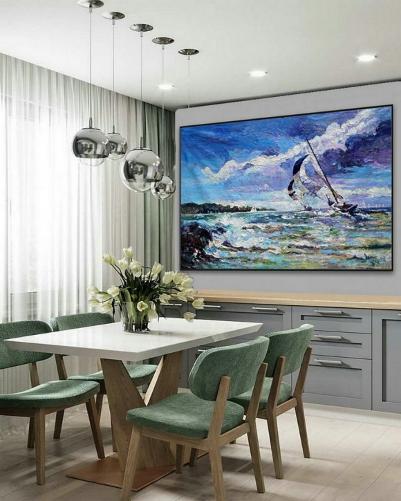 Modern Seascape Contemporary Abstract wall Art Coastal Beach Sea Sailing Boat Panoramic Palette Knife Thick Oil Painting on Canvas,cheap big canvas