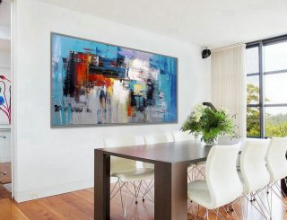 Blue white Large Artwork Handmade Acrylic Painting Panoramic Palette Knife Painting Contemporary Modern Wall Art 36x72"/90x180cm,eiffel tower abstract