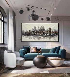 Extra Large Panoramic Modern Abstract Wall Art Hand Painted Gray and White New York Contemporary oil Painting On Canvas 48 x 96",best small office interior design