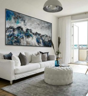 Modern Contemporary Neutral Color Panoramic Wall Art Large Horizontal Heavy Texture Abstract Acrylic Painting Gray Turquoise Blue,modern calligraphy artists