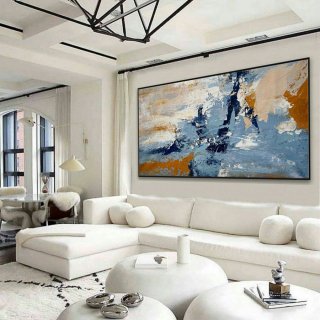 Modern Contemporary Neutral Color Panoramic Wall Art Large Horizontal Texture Abstract Acrylic Painting on Canvas Gray Turquoise Blue,very large art paintings