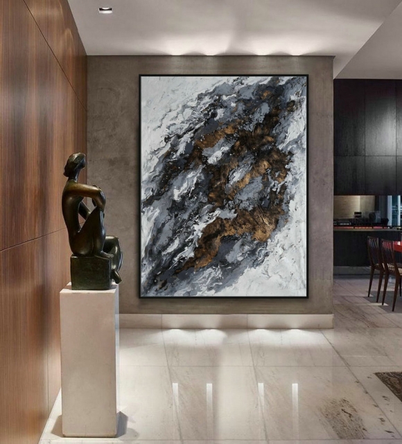 Extra Large Acrylic Fluid Art Abstract Oversize Modern Black Gold White Marble Wall Art Painting 60x80" / 150x200cm,abstract ganesha paintings on canvas