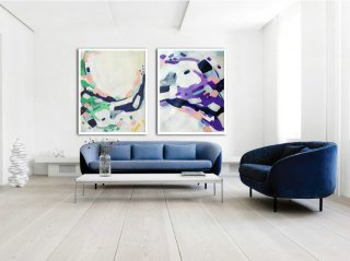 Set Of 2 Large Abstract Painting Canvas Art, Contemporary Art Wall Decor, Original Art by Biao, Green, pink, blue.,extra large framed canvas
