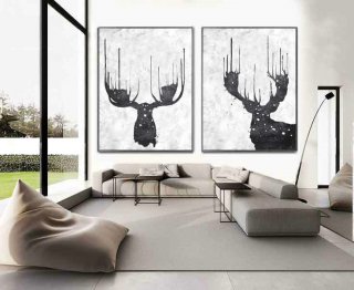 Set Of 2 Extra Large Acrylic Painting On Canvas, Minimalist Painting Canvas Art, Abstract Painting Wall Art, Reindeer,large seascape paintings