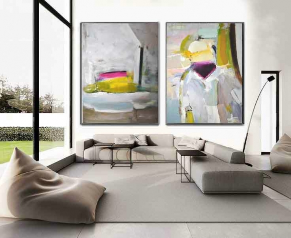 Set Of 2 Huge Contemporary Art Acrylic Painting On Canvas, Abstract Canvas Wall Art - By Biao,large canvas to paint