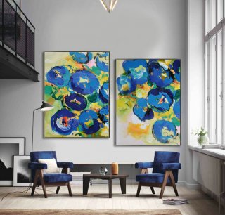 Set Of 2 Large Contemporary Painting, Abstract Canvas Art, Original Artwork, Blue, yellow, green, red, pink - By Leo,willem de kooning woman paintings