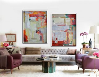 Set Of 2 Large Abstract Painting Canvas Art, Contemporary Art Wall Decor, Original Art by Biao, Green, yellow, orange,red,giant wall art cheap