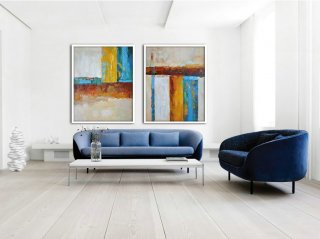 Set Of 2 Large Abstract Painting Canvas Art, Contemporary Art Original Art by Biao. Green, blue, brown, yellow - By Biao,cubism and abstract art moma