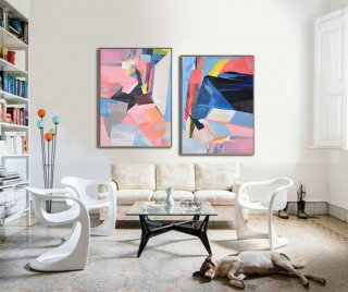 Set Of 2 Large Contemporary Painting, Original Artwork by Leo, Hand paint. Blue, yellow, green, pink - By Leo,world famous abstract paintings