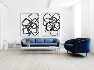 Set Of 2 Huge Contemporary Art Acrylic Painting On Canvas, Minimalist Canvas Wall Art, Geometrical Art, Navy blue, black.,vincent van gogh abstract