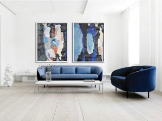 Set Of 2 Large Abstract Painting Canvas Art, Contemporary Art Wall Decor, Original Art, Hand paint. Blue, Green, black,large framed blank canvas