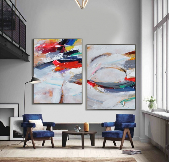 Set Of 2 Large Contemporary Painting, Abstract Canvas Art, Original Artwork, Blue, white, gray, red, green - By Leo,large outdoor canvas art