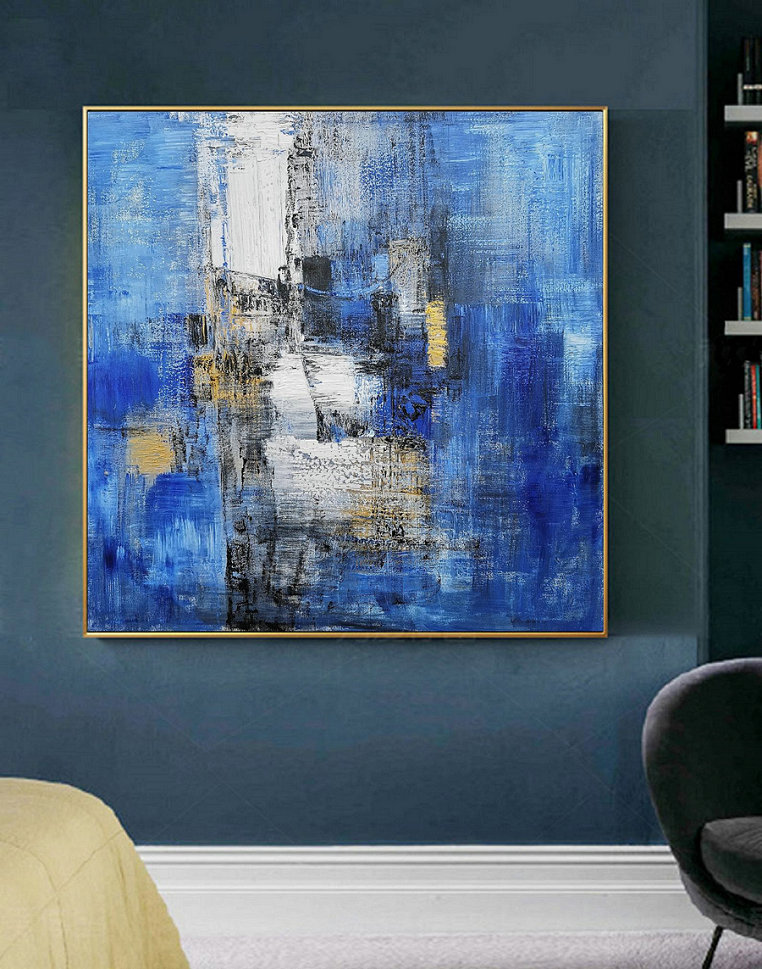 Large Blue Abstract Canvas Painting,Minimalist Abstract
