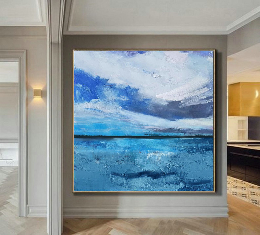 Large Original Sea Level Blue Oil Painting,Large Wall Art